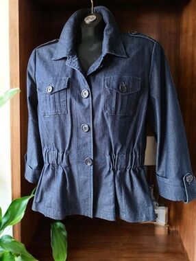 Larry Levine Women’s Dark Blue Denim Jacket Peplum Waist Stretch Blazer Size L